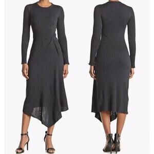 Theory - Small Dark Grey Rib Tuck Knit Wool Blend Midi Asymmetric Sweater Dress
